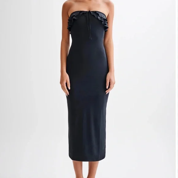 Meshki Bea Strapless Slinky Ruffle Midi Dress - Picture 1 of 4